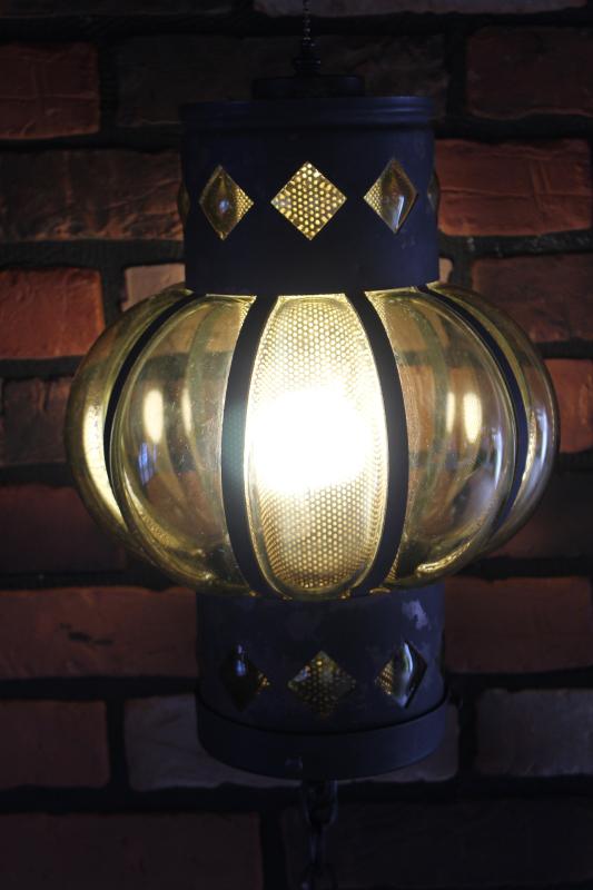 photo of 60s vintage hanging light pendant, green glass lantern w/ black iron chain swag lamp #4