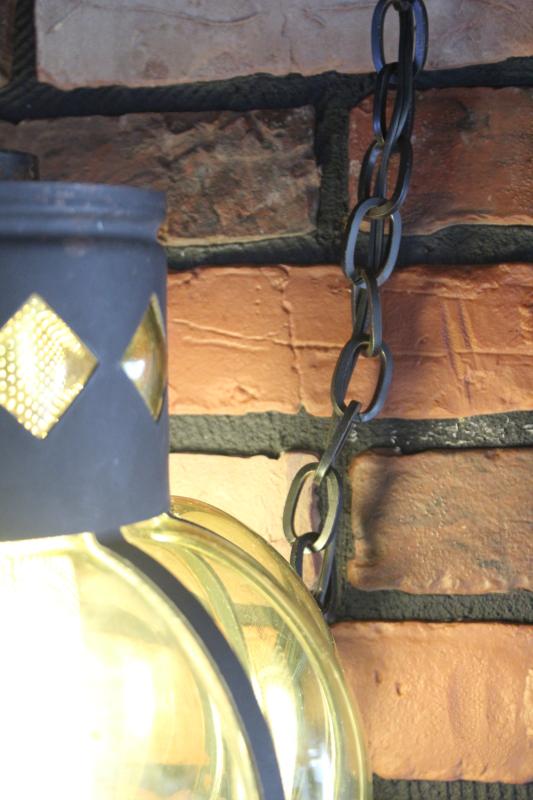 photo of 60s vintage hanging light pendant, green glass lantern w/ black iron chain swag lamp #8