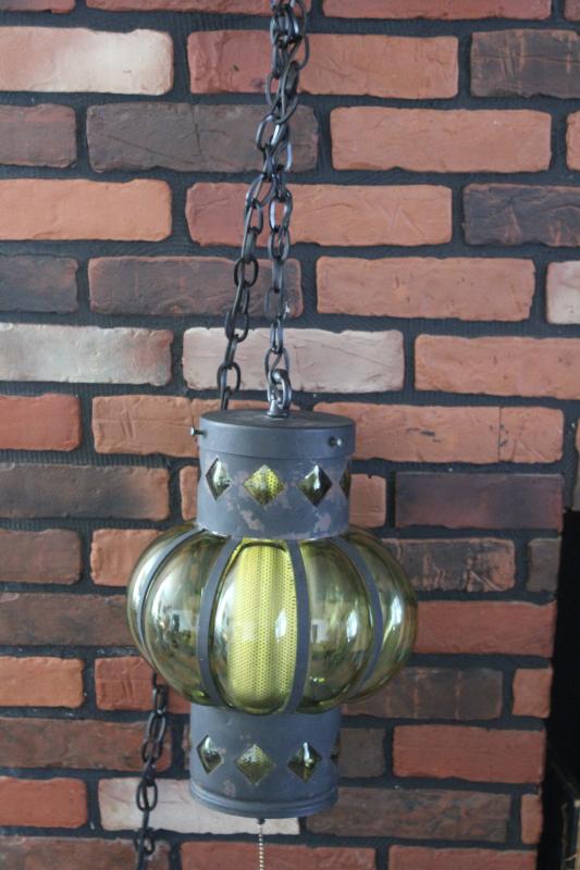 photo of 60s vintage hanging light pendant, green glass lantern w/ black iron chain swag lamp #10