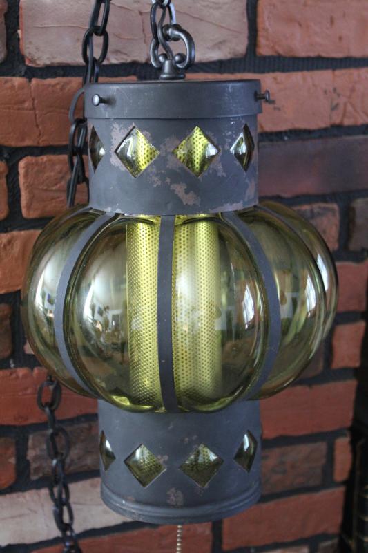 photo of 60s vintage hanging light pendant, green glass lantern w/ black iron chain swag lamp #11