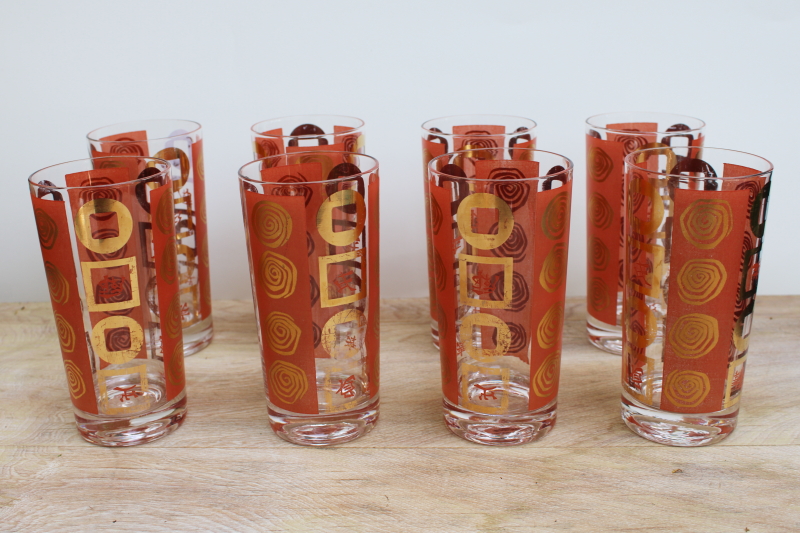 photo of 60s vintage highball glasses, Kalla mod print in orange & gold, retro barware #1