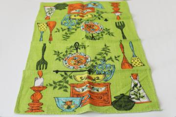 catalog photo of 60s vintage linen tea towel, kitchenware print retro colors on lime green