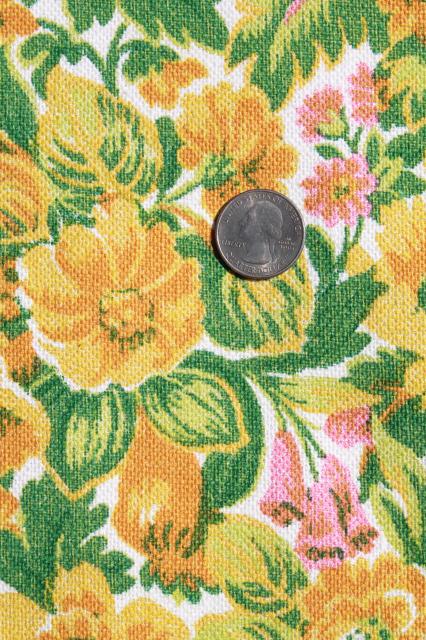 photo of 60s vintage linen weave cotton fabric w/ retro floral print, yellow gold flowers #2