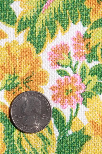 photo of 60s vintage linen weave cotton fabric w/ retro floral print, yellow gold flowers #3