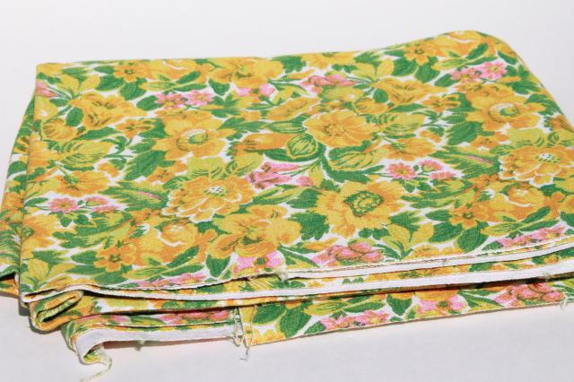 photo of 60s vintage linen weave cotton fabric w/ retro floral print, yellow gold flowers #4