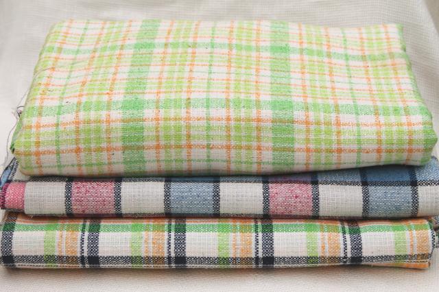 photo of 60s vintage linen weave summer suiting fabric lot, preppy colors checked plaids #1