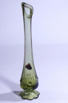 catalog photo of 60s vintage original label Fenton rose swung shape bud vase in green glass 