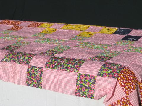 photo of 60s vintage pink and prints patchwork blocks quilt top, retro flowers! #1