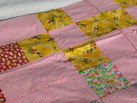 photo of 60s vintage pink and prints patchwork blocks quilt top, retro flowers! #4