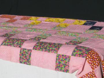 catalog photo of 60s vintage pink and prints patchwork blocks quilt top, retro flowers!