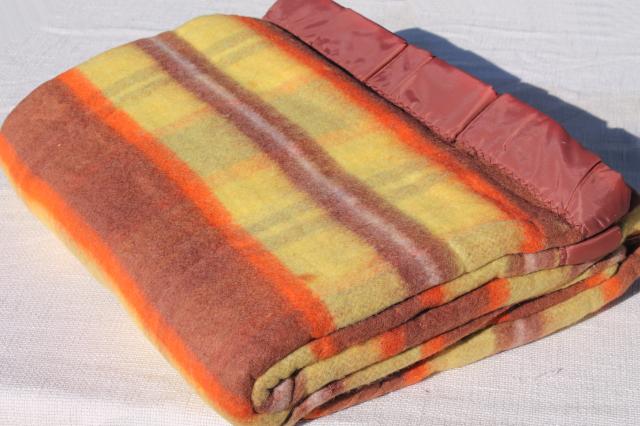 photo of 60s vintage plaid rayon / nylon camp blanket in fall colors, unused w/ Penney's label #1