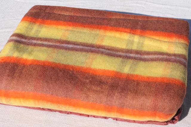 photo of 60s vintage plaid rayon / nylon camp blanket in fall colors, unused w/ Penney's label #3