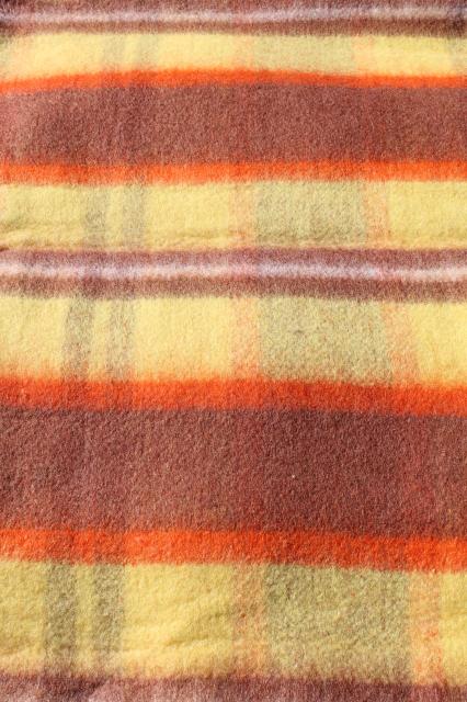 photo of 60s vintage plaid rayon / nylon camp blanket in fall colors, unused w/ Penney's label #5