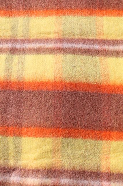 photo of 60s vintage plaid rayon / nylon camp blanket in fall colors, unused w/ Penney's label #6