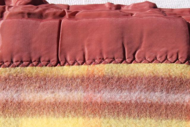 photo of 60s vintage plaid rayon / nylon camp blanket in fall colors, unused w/ Penney's label #8