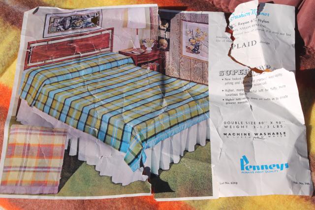 photo of 60s vintage plaid rayon / nylon camp blanket in fall colors, unused w/ Penney's label #9