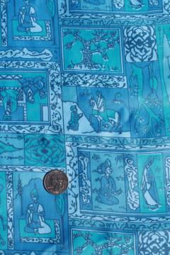 catalog photo of 60s vintage polished cotton fabric, mod fairy tale scenes from Arabian Nights