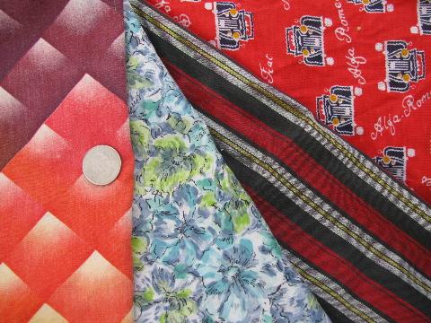 photo of 60s vintage print fabric scraps lot, for quilting / retro sewing / crafts #7