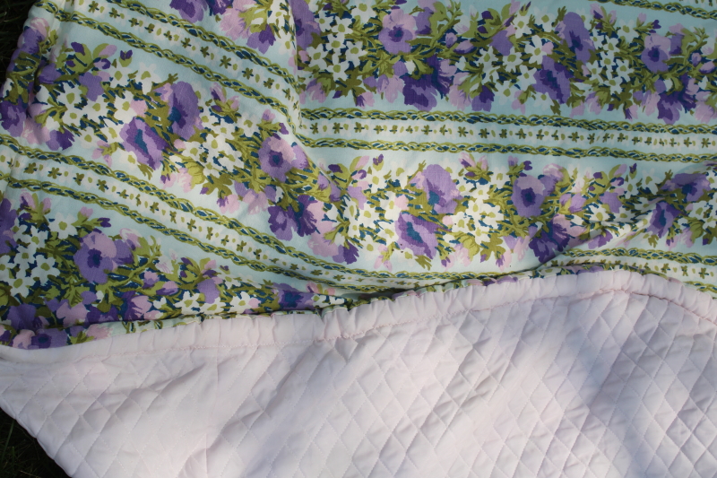 photo of 60s vintage purple lavender flowered print quilted bedspread linen weave cotton spread queen bed size #3