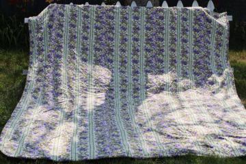 photo of 60s vintage purple lavender flowered print quilted bedspread linen weave cotton spread queen bed size