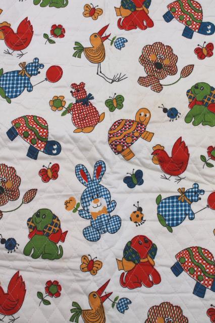 photo of 60s vintage quilted cotton fabric remnant, calico animals novelty children's print #1