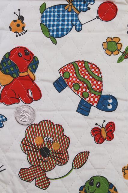 photo of 60s vintage quilted cotton fabric remnant, calico animals novelty children's print #2