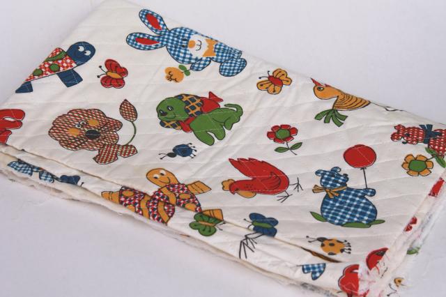 photo of 60s vintage quilted cotton fabric remnant, calico animals novelty children's print #6