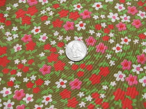 photo of 60s vintage rayon blend fabric, mod flower print in red & pink w/ white daisies #1