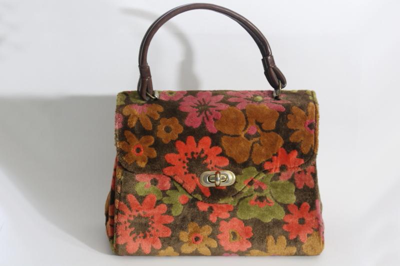 photo of 60s vintage satchel style purse, retro floral print velvet plush tapestry handbag #1