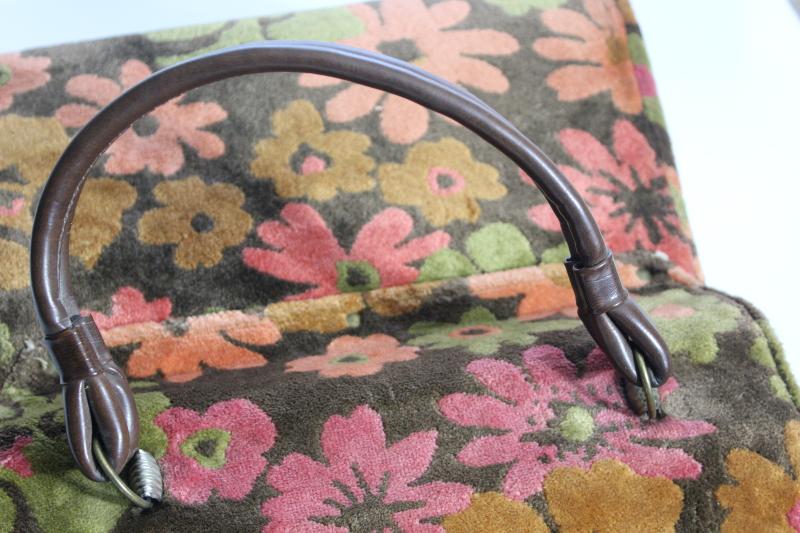 photo of 60s vintage satchel style purse, retro floral print velvet plush tapestry handbag #7