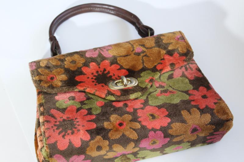 photo of 60s vintage satchel style purse, retro floral print velvet plush tapestry handbag #10