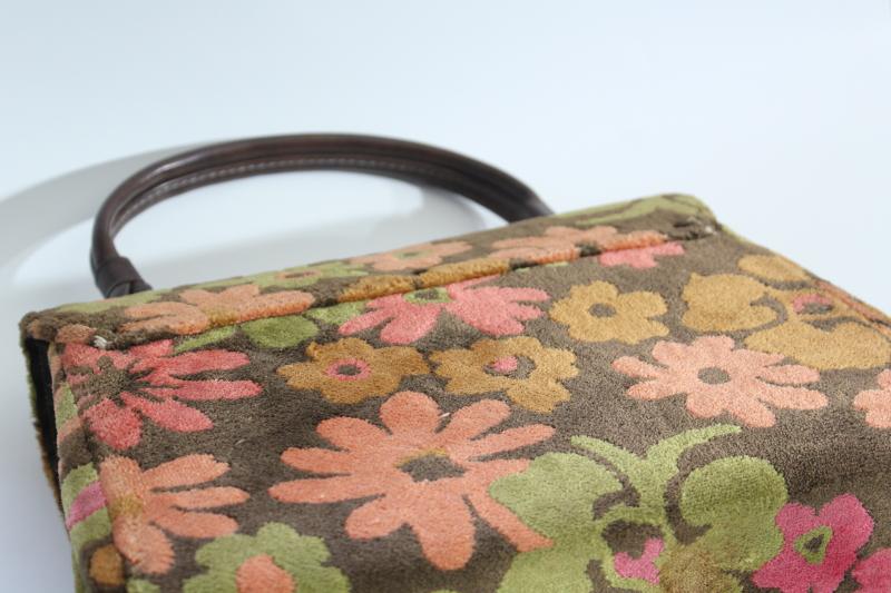 photo of 60s vintage satchel style purse, retro floral print velvet plush tapestry handbag #11