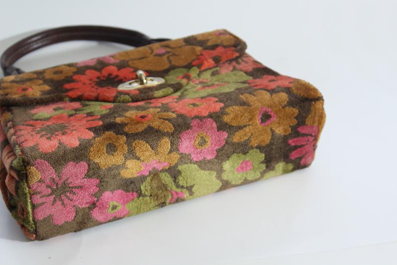 photo of 60s vintage satchel style purse, retro floral print velvet plush tapestry handbag #12