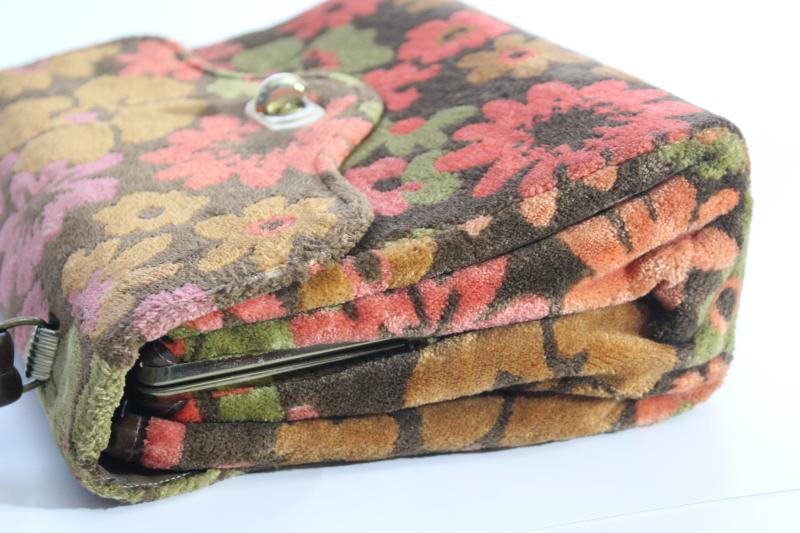 photo of 60s vintage satchel style purse, retro floral print velvet plush tapestry handbag #13