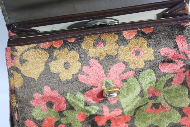 photo of 60s vintage satchel style purse, retro floral print velvet plush tapestry handbag #15