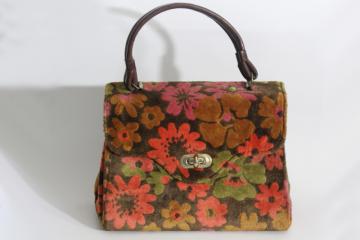 catalog photo of 60s vintage satchel style purse, retro floral print velvet plush tapestry handbag