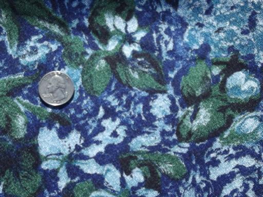 photo of 60s vintage silky poly crepe fabric, large floral in blues and greens #1