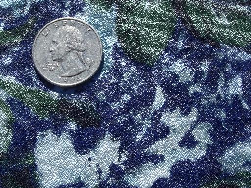 photo of 60s vintage silky poly crepe fabric, large floral in blues and greens #2