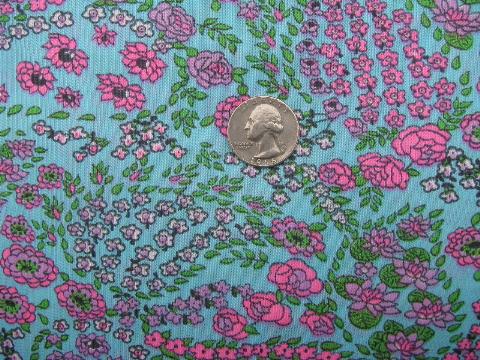 photo of 60s vintage silky tricot knit fabric, retro hot pink flowers print #1