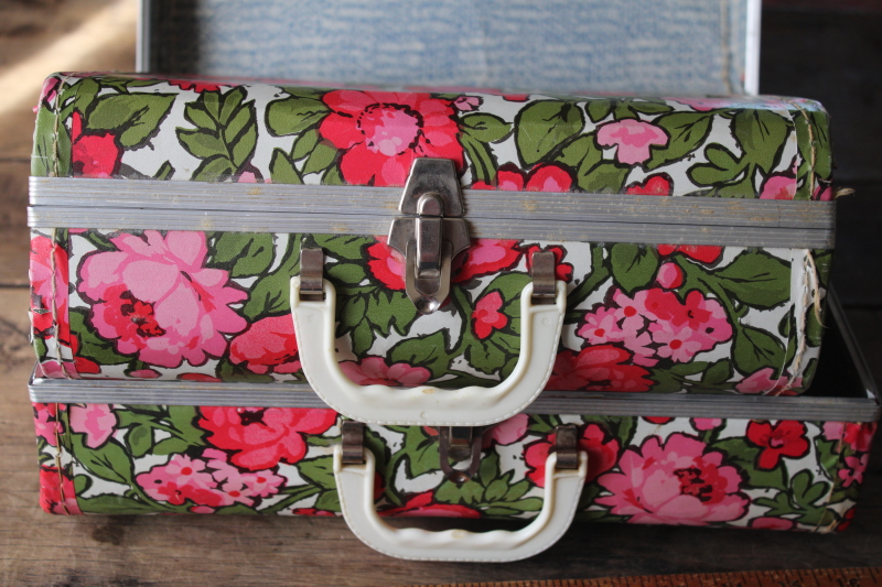 photo of 60s vintage small suitcases retro pink flowers print, nesting storage boxes #4