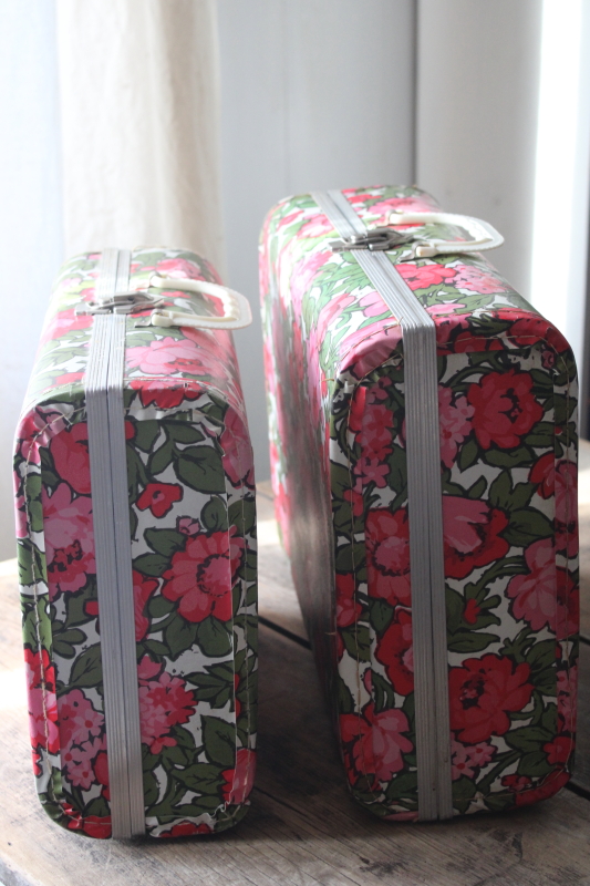 photo of 60s vintage small suitcases retro pink flowers print, nesting storage boxes #7