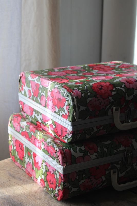 photo of 60s vintage small suitcases retro pink flowers print, nesting storage boxes #8