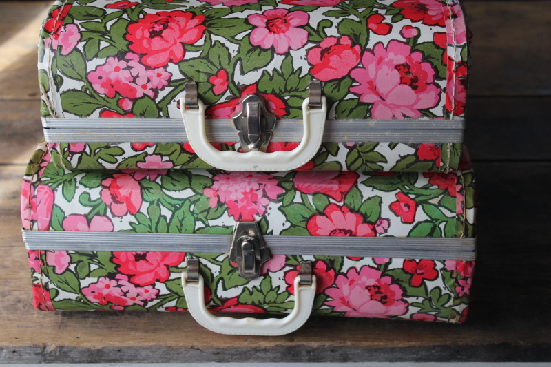 photo of 60s vintage small suitcases retro pink flowers print, nesting storage boxes #9