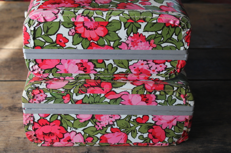 photo of 60s vintage small suitcases retro pink flowers print, nesting storage boxes #10