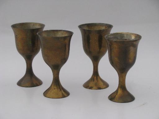 photo of 60s vintage solid brass genie bottle decanter and small goblet glasses #3