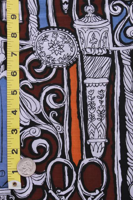 photo of 60s vintage steampunk print fabric, zentangle crazy line drawings of scissors #3