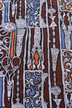 catalog photo of 60s vintage steampunk print fabric, zentangle crazy line drawings of scissors