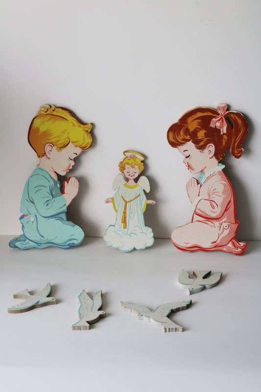 photo of 60s vintage wall hanging plaques boy & girl saying their prayers, guardian angel retro art illustrations #2