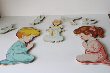 60s vintage wall hanging plaques boy & girl saying their prayers, guardian angel retro art illustrations 