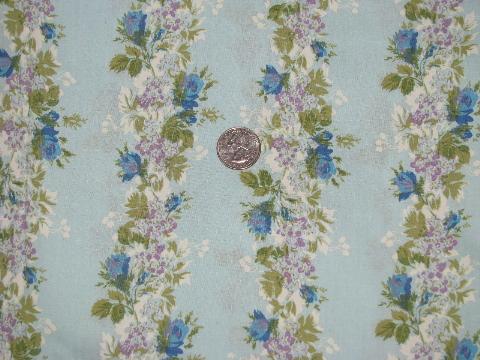 photo of 60s vintage wallpaper stripe cotton fabric, blue roses, tiny purple flowers on blue #1